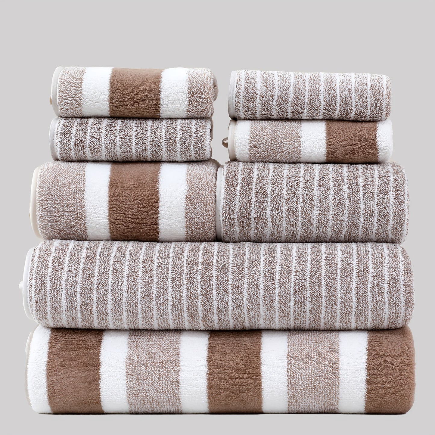 8 narrow strip sports bath towels suitable for bathroom, hotel, fitness, and spa. Includes 2 bath towels, 2 hand towels, and 4 square towels.