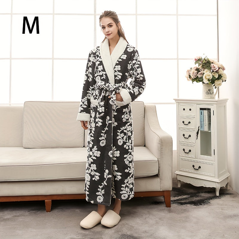 1pc Unisex Thickened Long Bathrobe with Flower Pattern, Ideal for Couples. Ideal for Home and Bathroom use.