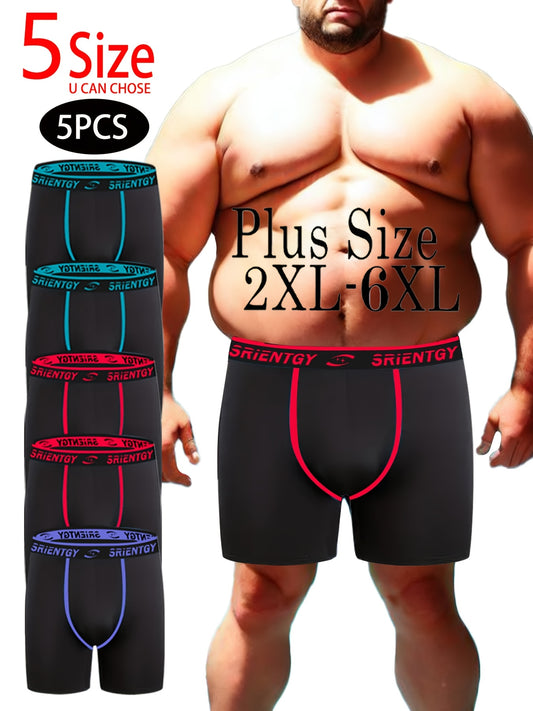 5 Men's Plus Size Boxing Briefs in assorted colors with contrast waistband, available in sizes 2XL-6XL.