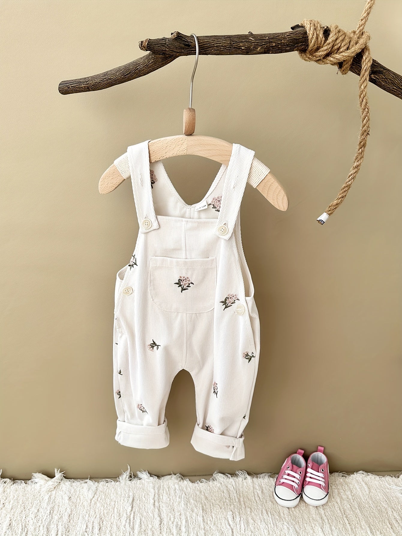 Infant & toddler girl's flower embroidery overalls, perfect for outdoor wear in spring and fall.