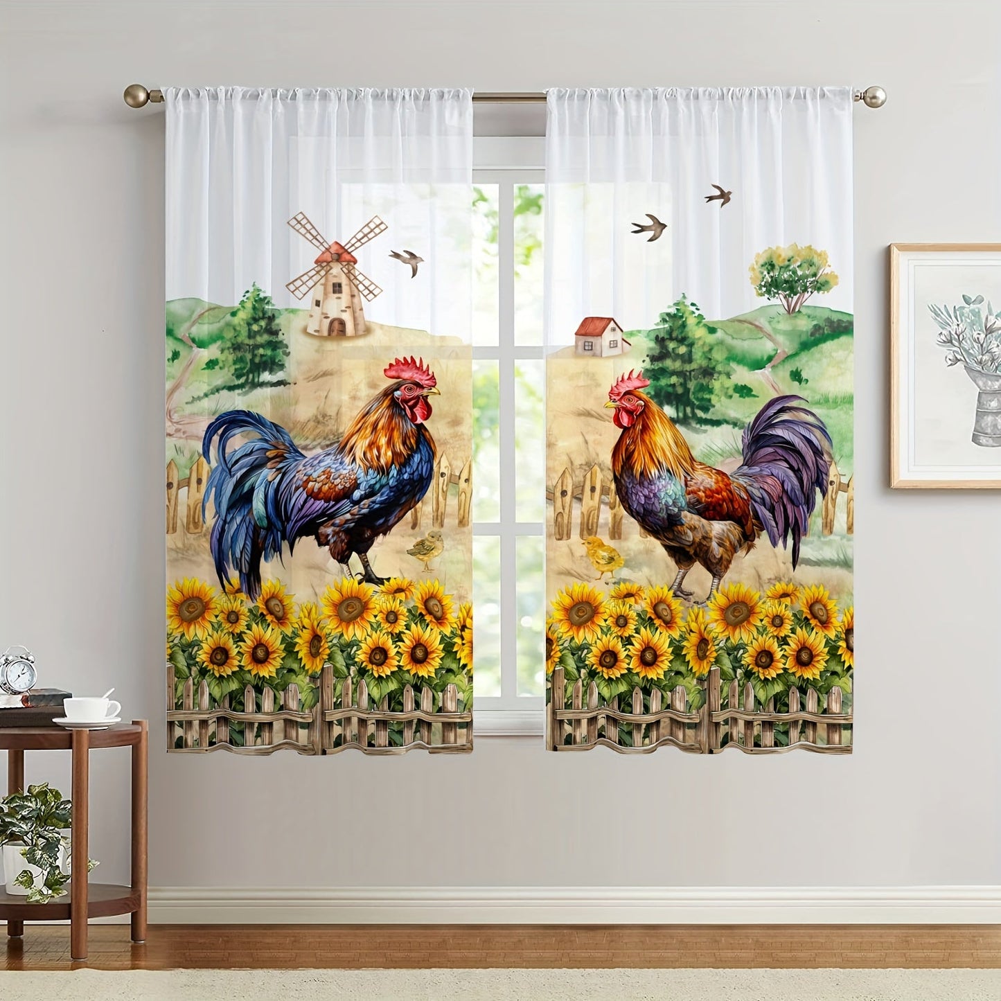 Rustic Farmhouse Chicken and Sunflower Curtain Set - 1 Valance and 2 Tiers, Pastoral Style, Rod Pocket Tulle Curtains for Bedroom, Office, Kitchen, Living Room, Study - Home Decor Window Decoration