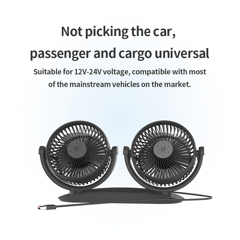 The Dual-Head USB Car Fan features three-speed wind adjustment, an aromatherapy cover, dual switches, multi-angle rotation, a brushless motor, lightweight and portable design, low noise operation, USB powered for energy-saving, a grid mesh cover, a