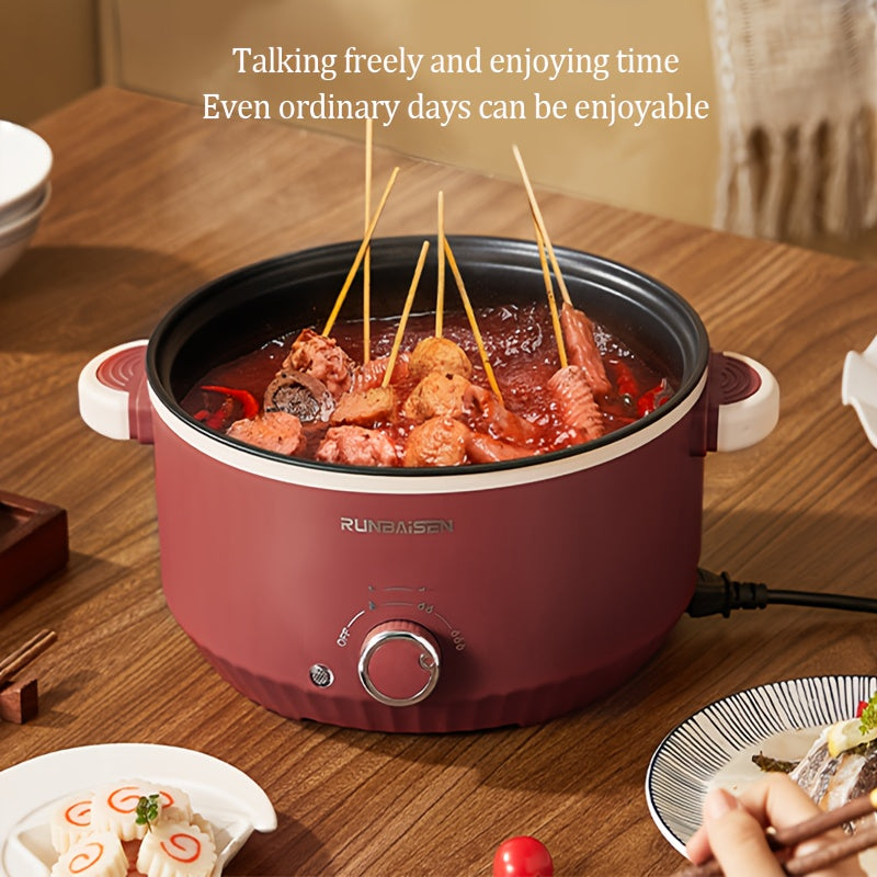 Electric cooking pot with a large capacity for home or car use, featuring a multi-functional design that combines a cooking pot, stir-fry pot, and steamer. Perfect for dormitories, this non-stick integrated pot can be used for various cooking needs.