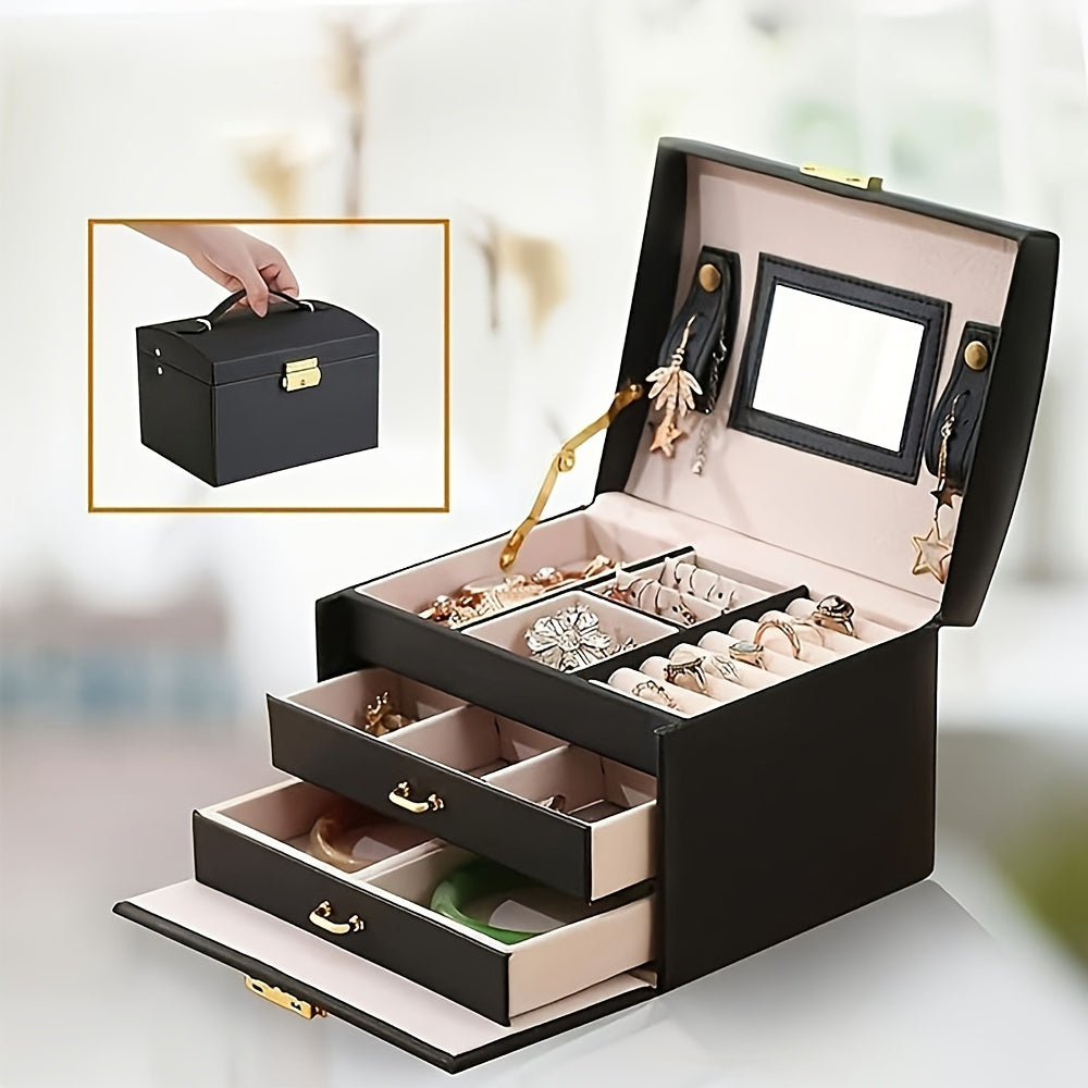 Elegant faux leather jewelry organizer with lock for storing rings, earrings, bracelets, and watches. Ideal gift for women who love jewelry making and displaying.