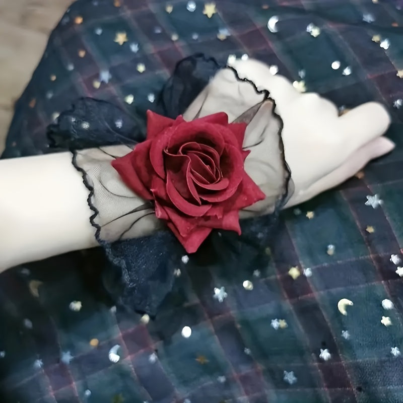 Dark Lolita lace wrist cover sleeve in wine red with rose flower design exudes sexy and elegant style.