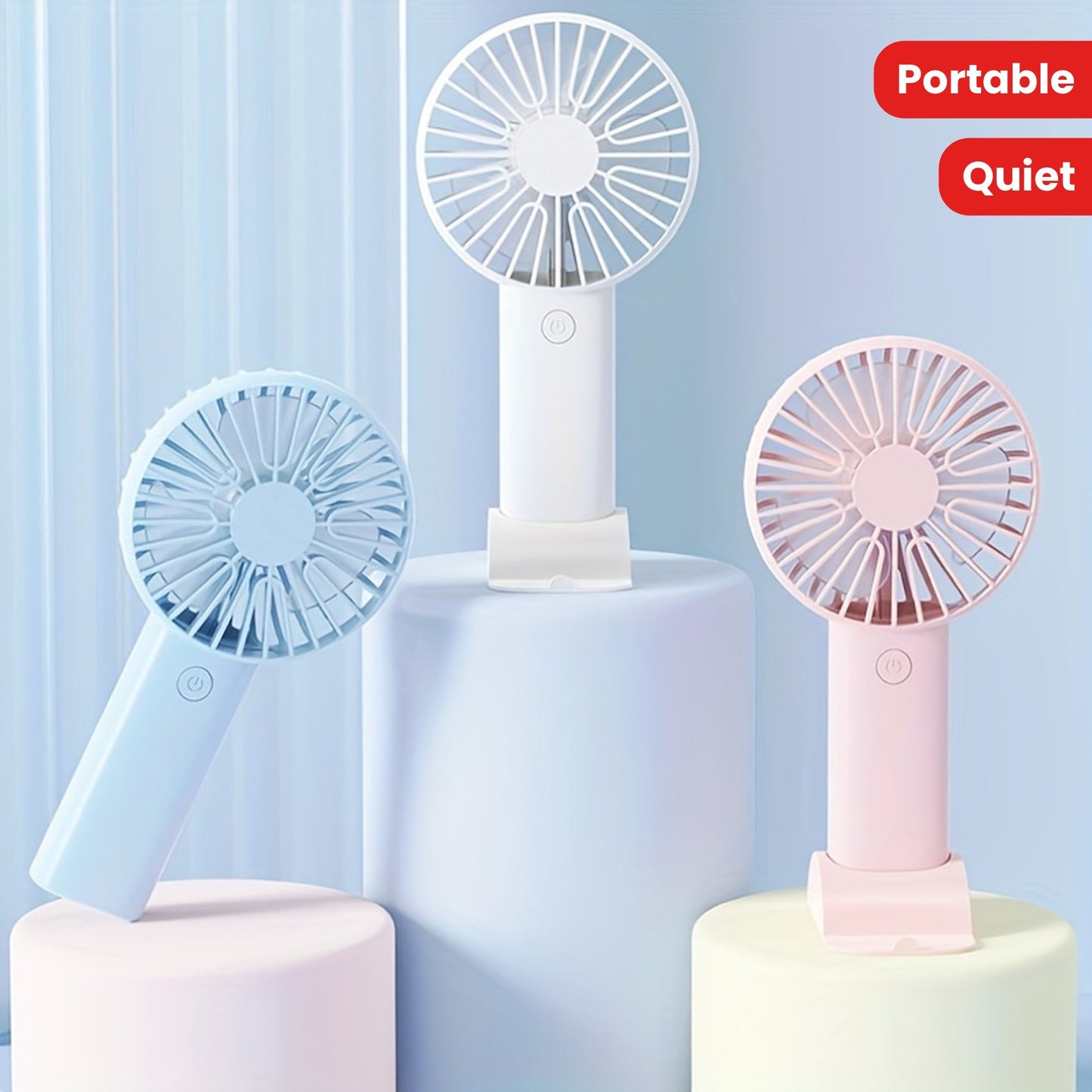 Portable USB Mini Fan in White, Blue, and Pink with Touch Control - Perfect for Office, Travel, Camping, and Picnics. Wearable design makes it convenient to carry around. Rechargeable with Built-in Lithium Battery for on-the-go cooling. Get the Mini Fan