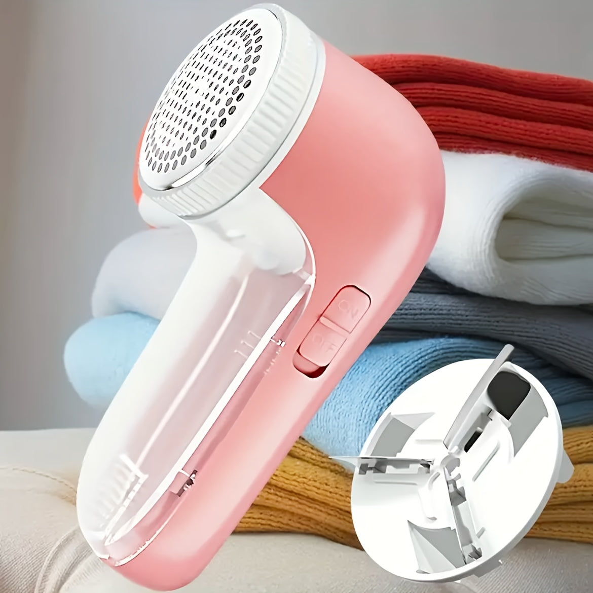 USB-powered fabric shaver for clothes/sofa/blanket, no charging needed, 3-blade fuzz trimmer in green & pink, perfect gift for anyone