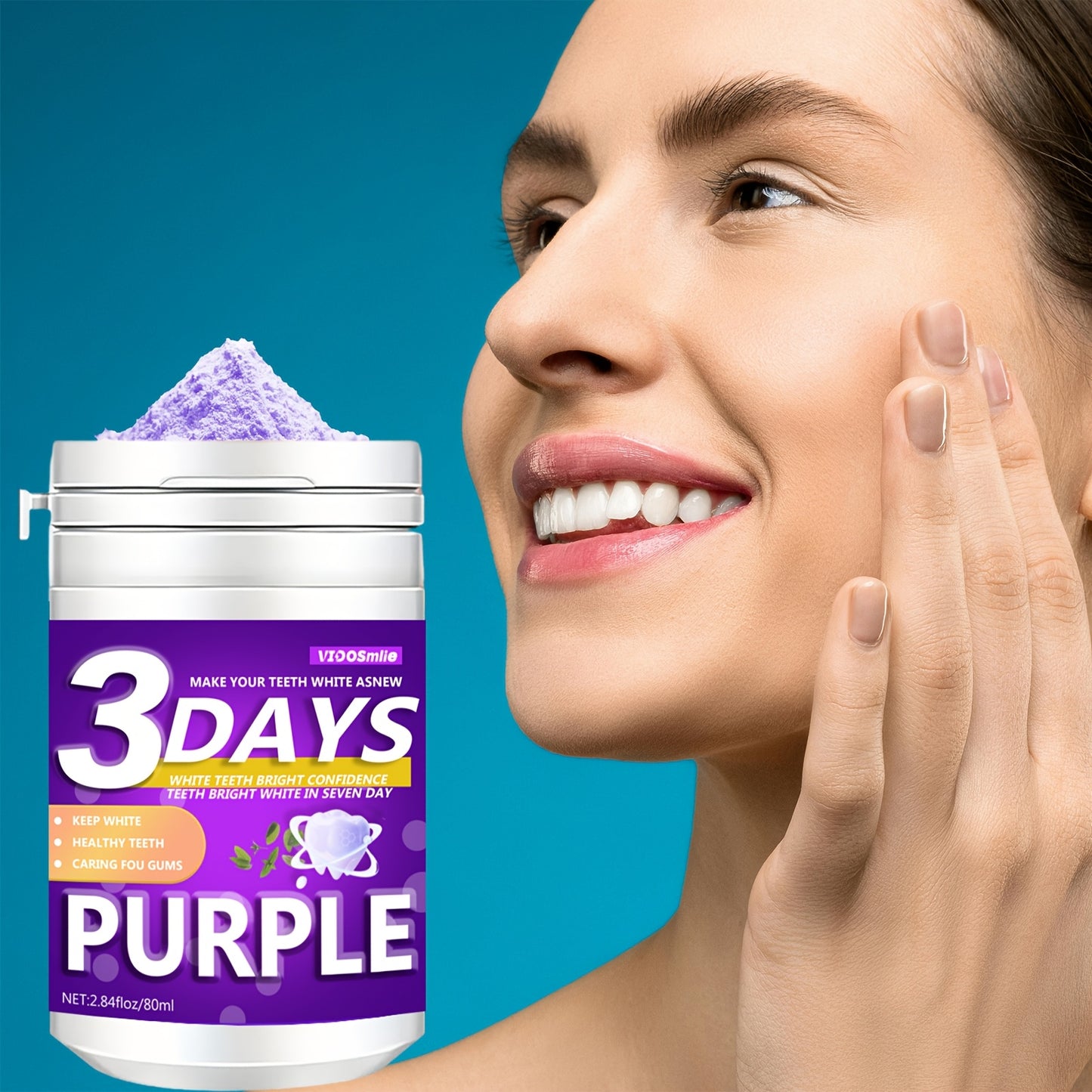 Vidosmile Purple Tooth Powder 80ml: Natural teeth whitening with honeysuckle flower & mint, baking soda brightening, gentle oral care for fresh breath & healthy gums.