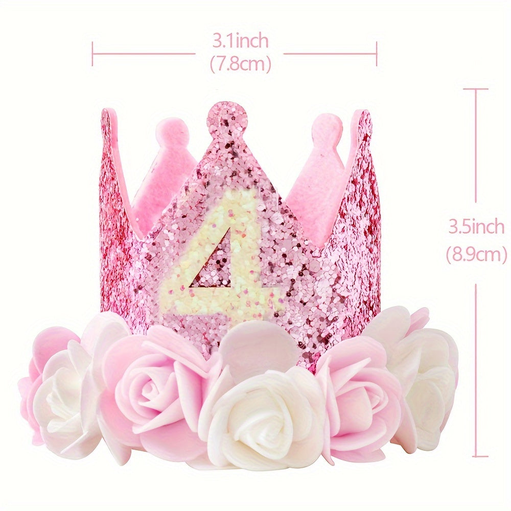 Pink and white flowered birthday crown hats for ages 1-5 with pink sequins.