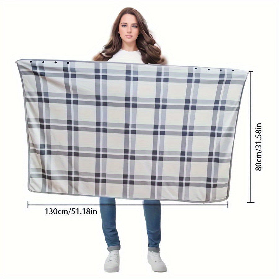 One piece versatile shawl blanket featuring a double layer of thick, plaid patterned polar fleece ideal for autumn and winter. Perfect for office use, this wearable blanket with legs is great for lounging on the couch or sofa.