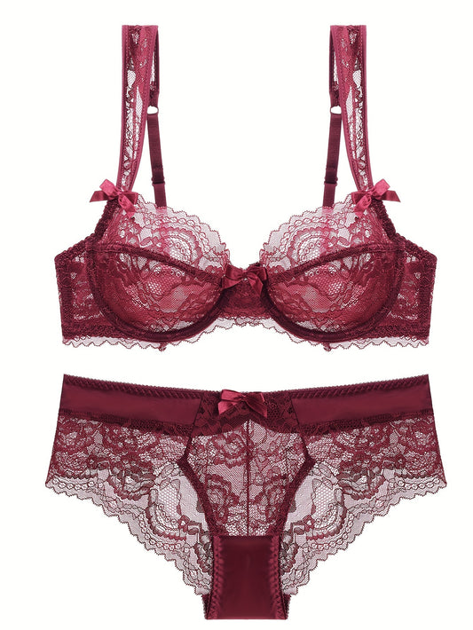 Seductive lace lingerie set with bow decoration.