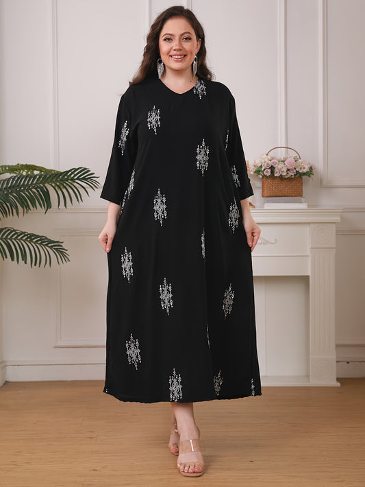 Stylish embroidered maxi dress with 3/4 sleeves, loose fit, woven polyester, machine washable, ideal for summer.