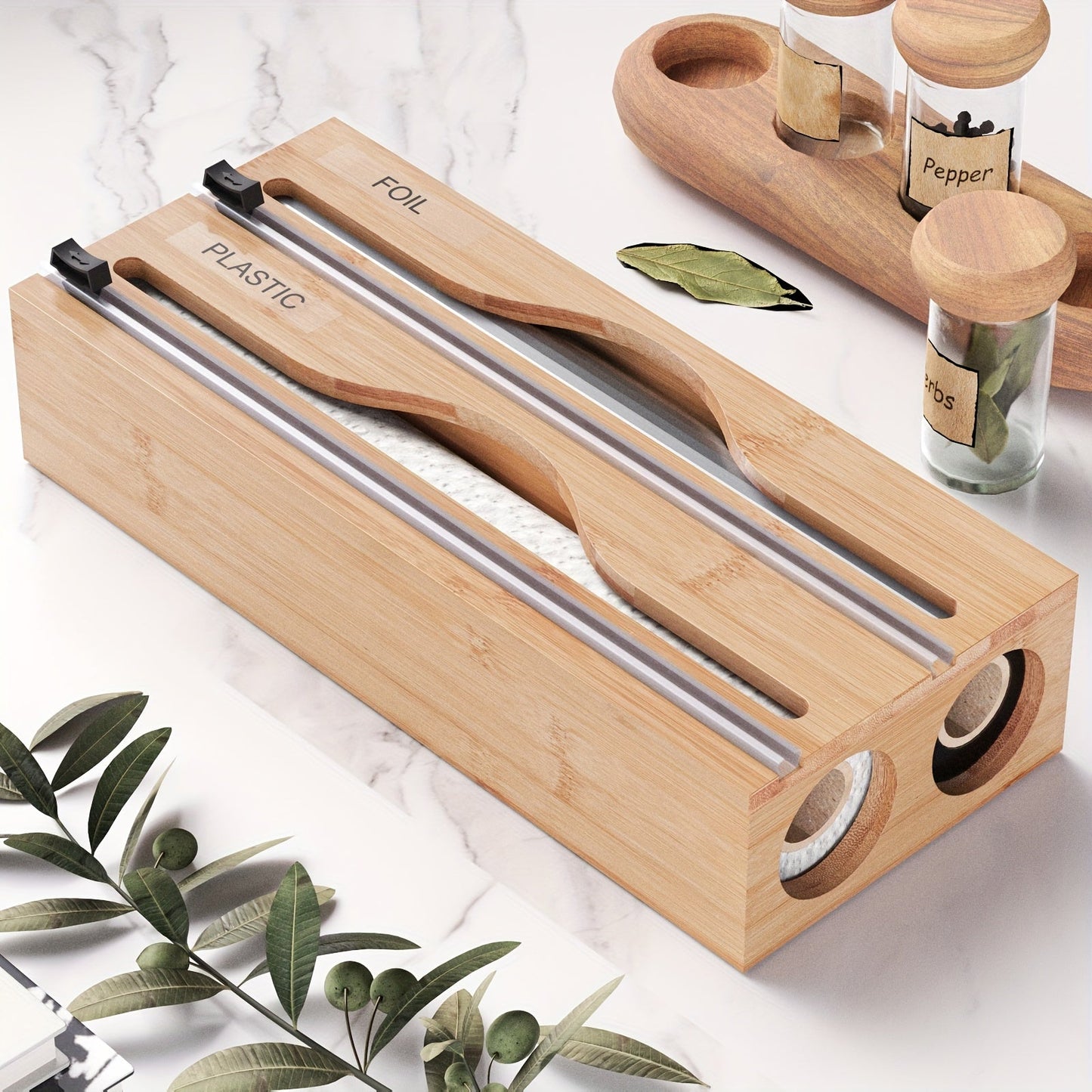 Bamboo 2-in-1 Kitchen Wrap Dispenser with Slide Cutter and Dual Slots Storage Organizer for Plastic Film, Suitable for Kitchen Drawer, Cabinet, Shelf, and Counter. Ideal for Organizing Kitchen Accessories and Storage.