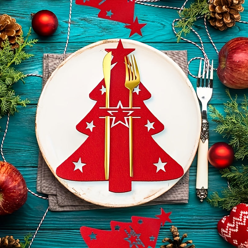 Festive cutlery holders with star-adorned red Christmas tree design for holiday dining.