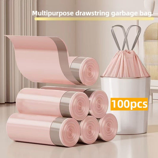 Versatile and Durable 100pcs of Extra Thick Pink Drawstring Trash Bags - Leak-Proof and Odorless Plastic Garbage Bags for Kitchen, Bathroom, and Living Room Cleaning.