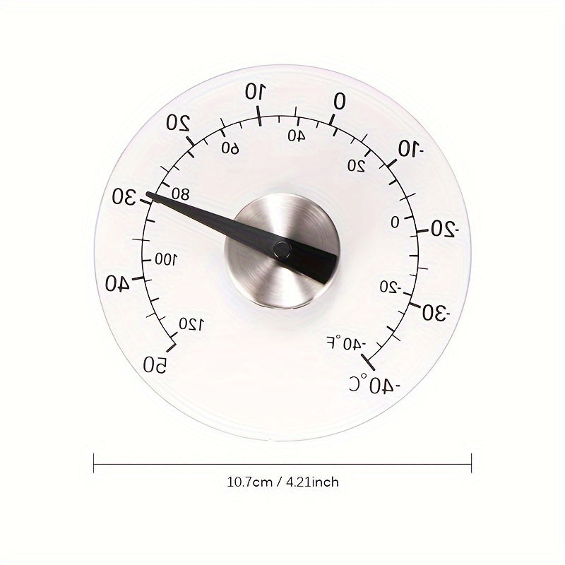 Waterproof outdoor thermometer with self-adhesive backing, no batteries needed, ideal for windows and doors.