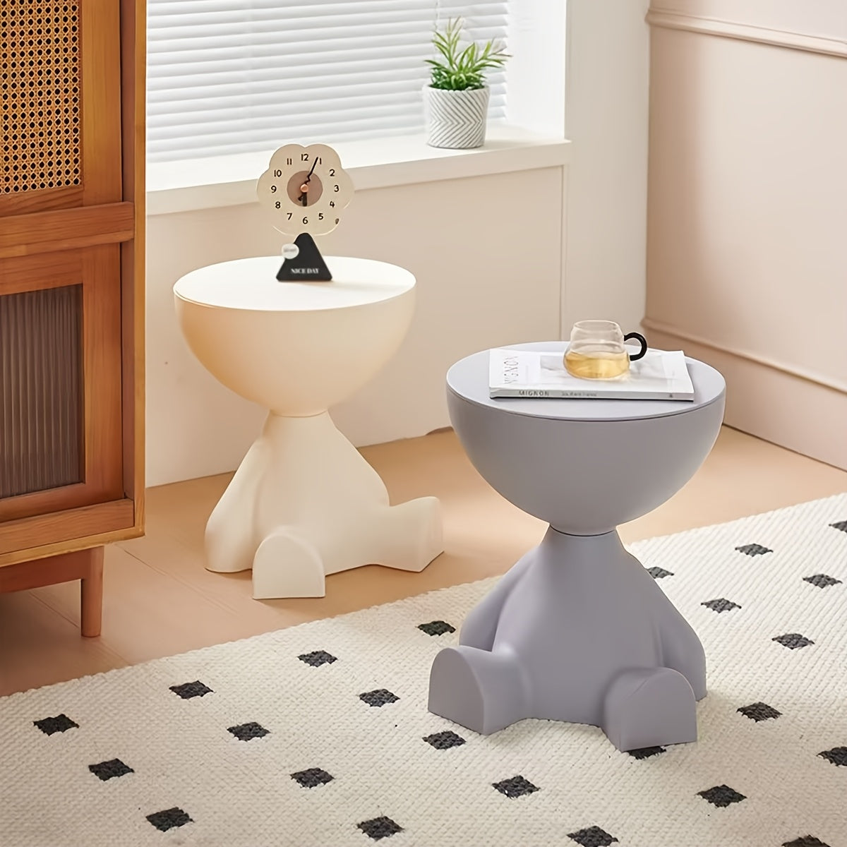 Modern bear-shaped plastic nightstand in white, easy assembly for living room and bedroom storage.