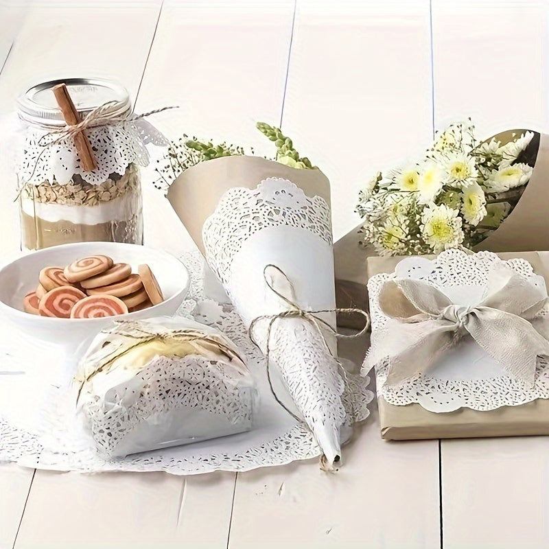 50 pieces each of lace paper, oil absorption paper pads, lace rolls, fried dim sum cakes, flower base paper, baking paper, food pads, pizza paper, and cake pads in three different shapes.