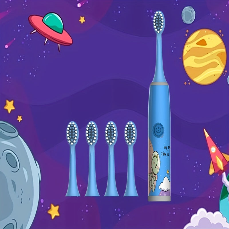 Cartoon Space Series Electric Toothbrush with 5 brush heads, battery powered, soft bristle, 2-minute timer, deep clean, cavity protection, perfect birthday gift.