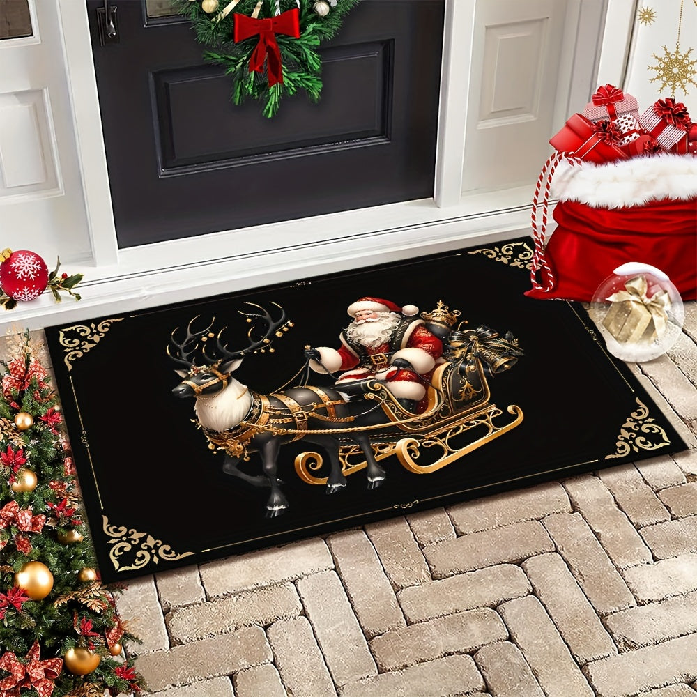 Get in the holiday spirit with our Merry Christmas Welcome Doormat! This 6mm thick mat is non-slip and machine washable, featuring a black and golden elk design that is perfect for adding a festive touch to your home decor. Ideal for Christmas