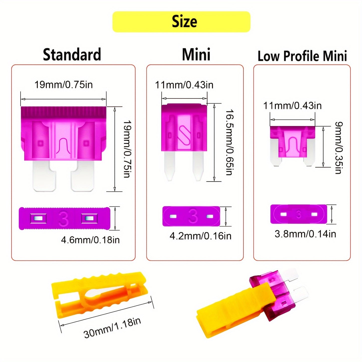 Car blade fuse assortment kit with multiple specifications ranging from 2A to 40A, suitable for various vehicles. Includes a box for storage.