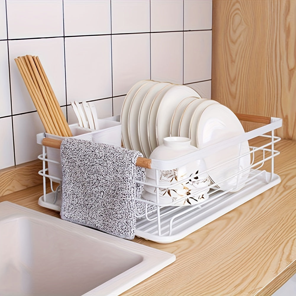 LDQ Single-Tier Dish Rack with Removable Cutlery Holder, Drip Tray, Wooden Handle, White, Large Capacity, Rustproof, Kitchen Counter Organizer