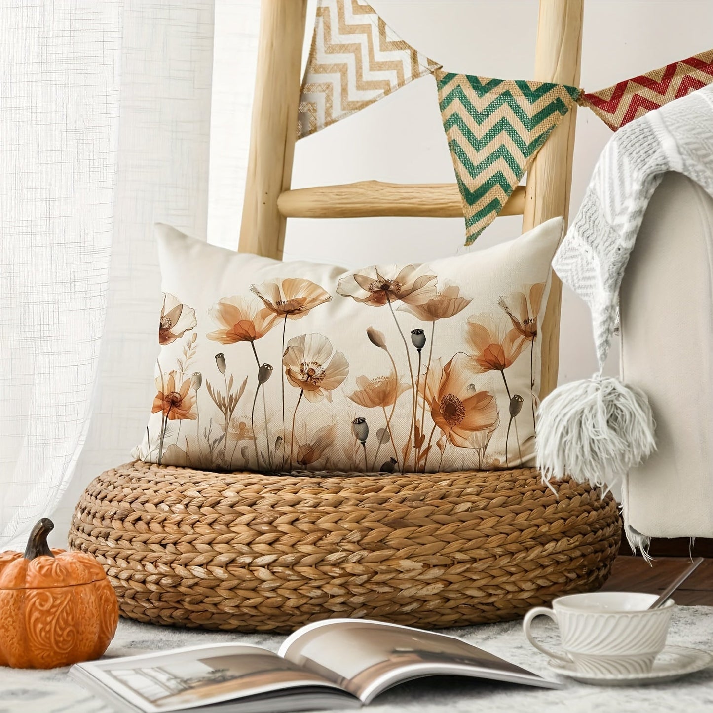 Cover your sofa and couch in style with this Autumn Poppy Floral Throw Pillow Cover. Measuring 30.48x50.8 cm, this linen blend cover features a beautiful Fall Orange & Brown color scheme. It has a convenient zip closure and is machine washable for easy