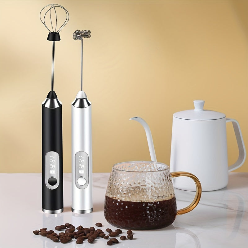 Portable USB rechargeable milk frother and coffee maker with automatic function, whisk attachment, and 1200mAh battery. Comes with measuring spoon and cup. Perfect for use at home or when traveling.