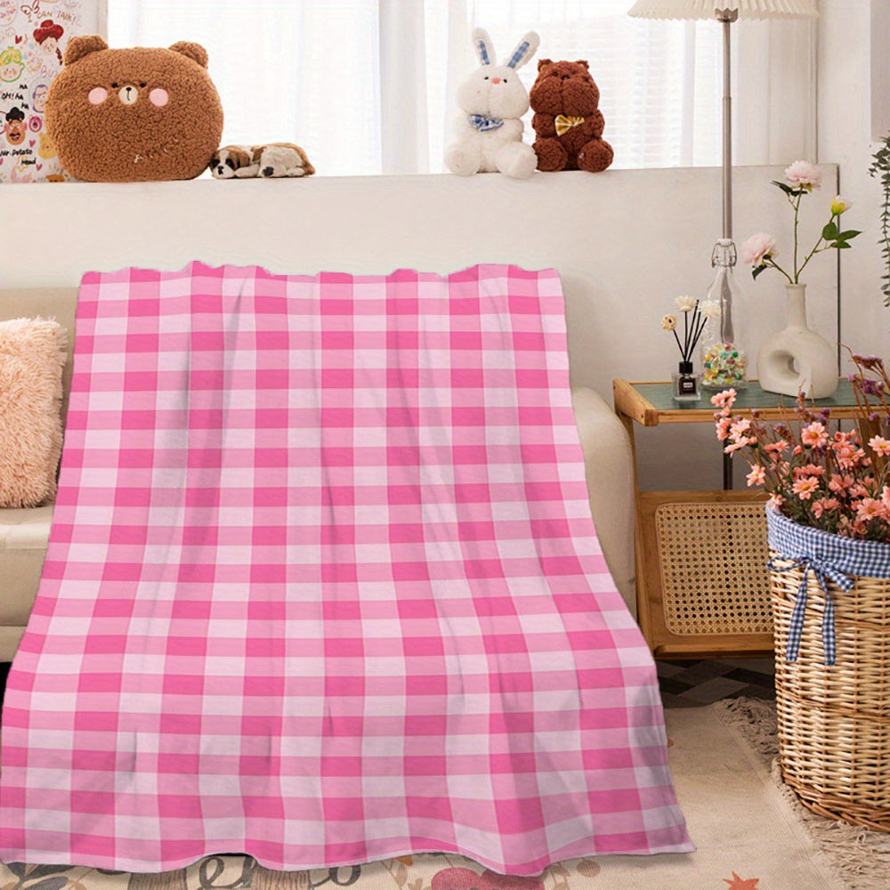 Soft and cozy polyester knit pink gingham flannel throw blanket. Ideal for adding a touch of contemporary style to your bedroom, sofa, or living room decor. Perfect for all-season use and makes an ideal gift for girls, daughters, and sisters. Features a