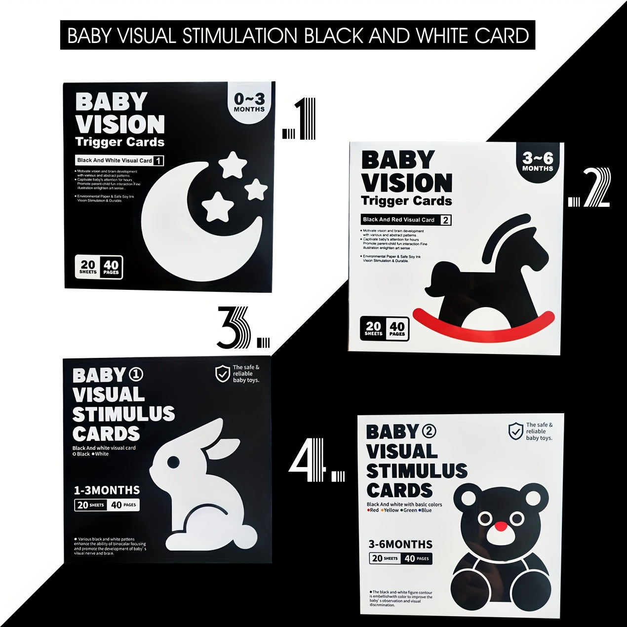 High contrast black and white red cards for visual stimulation and brain development for children up to 6 months. Contains 40 pages of 20 cards.