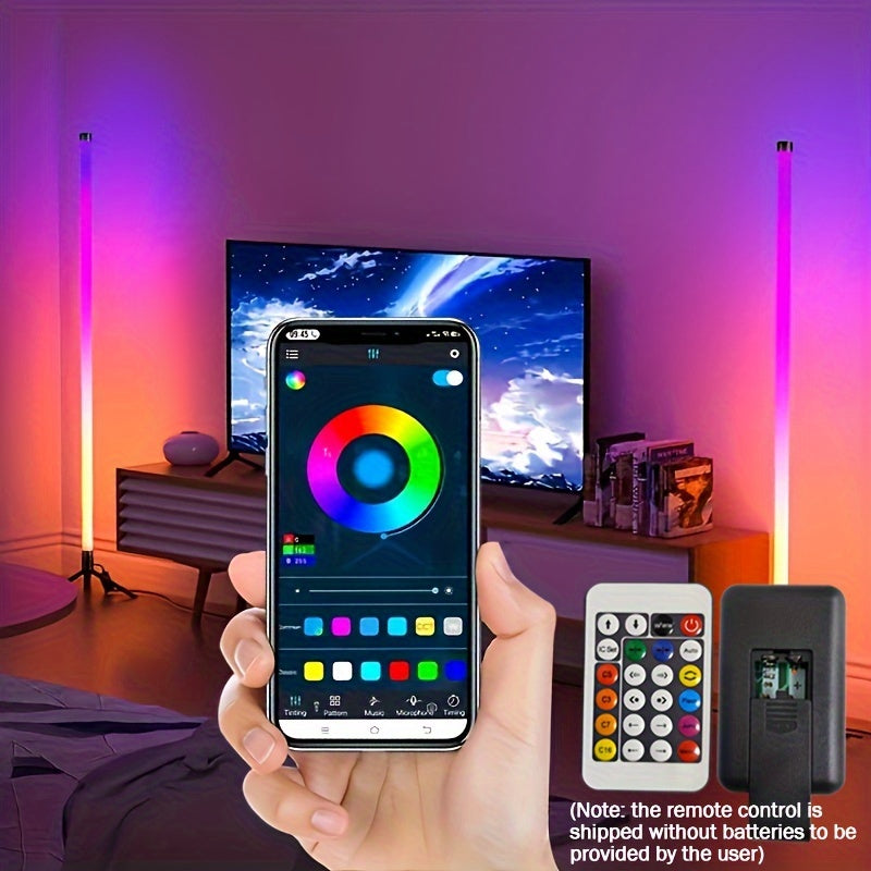 Smart LED floor lamp with app control, RGB music atmosphere, wireless, USB powered, multi-color standing lamp for various rooms and events. Not waterproof, no battery, with USB port.