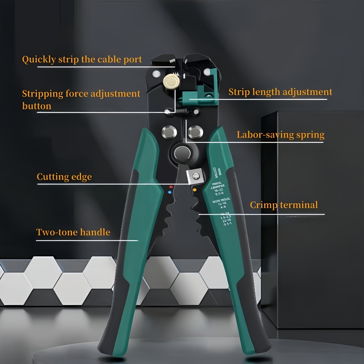 Professional automatic wire stripper and cutter for electricians, with self-adjusting insulation stripping tool and built-in crimper. Durable metal construction.