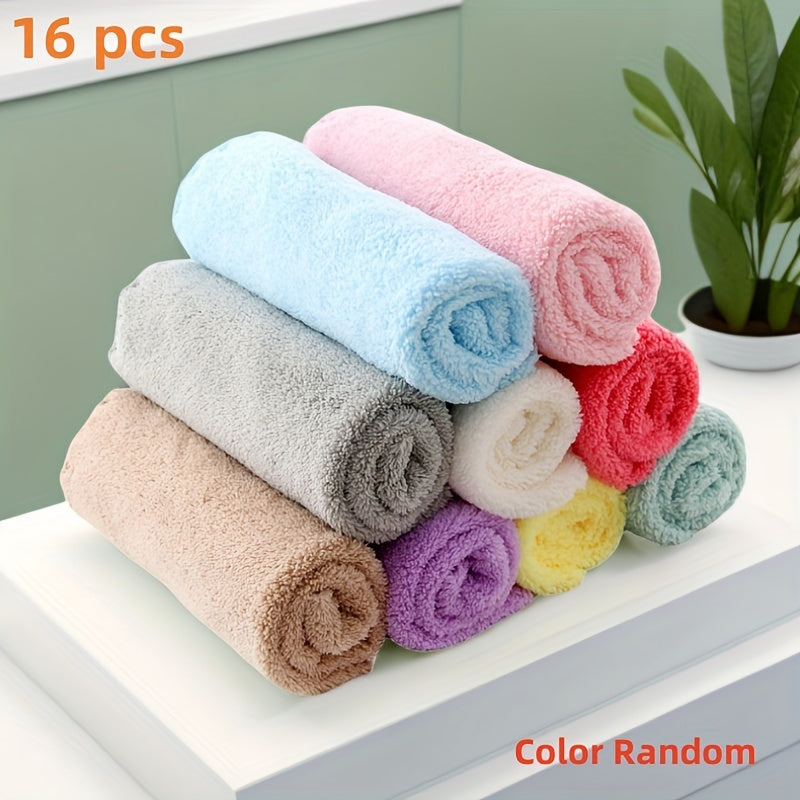 16pcs Coral Fleece Square Towels in 2 Sizes, Super Soft and Absorbent for Bathroom Use.