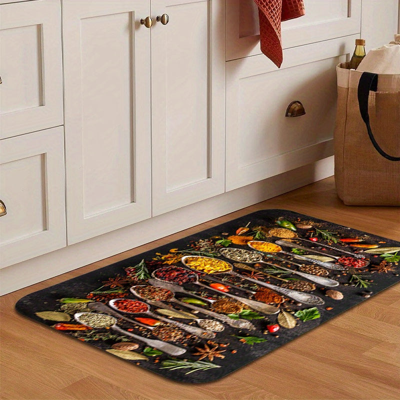 1 piece of Spices and Cutlery Patterned Mat for the Kitchen - Non-slip Kitchen Floor Rug, Home Decor and Room Decoration