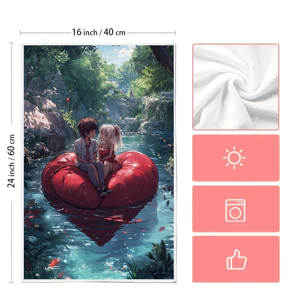 2 pieces of Kitchen Towels with ultra soft texture featuring an anime couple sitting on a heart-shaped raft, leisurely floating down a lazy river. These highly absorbent dish hand towels are perfect for holiday decor. They are machine washable and