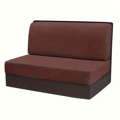 Modern 2-piece RV cushion slipcover set made of stretchy jacquard fabric. Machine washable with slipcover grip and elastic band for camping bench and furniture protection. Made of polyester and spandex.