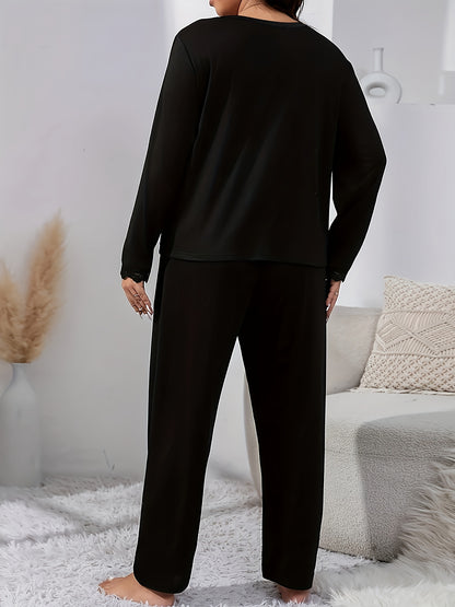 Elegant plus size pajama set with lace detail and buttoned long sleeve top and pants for fall and winter.