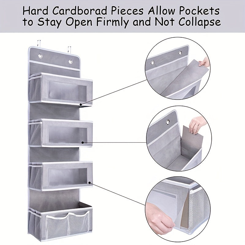 The Hanging Fabric Storage Organizer features an Over Door Pocket design with 4 Roomy Pockets, 10 Mesh Pockets, and 2 Mounting Hooks, perfect for organizing your pantry, closet, baby room, bathroom, bedroom, nursery, or dorm room.