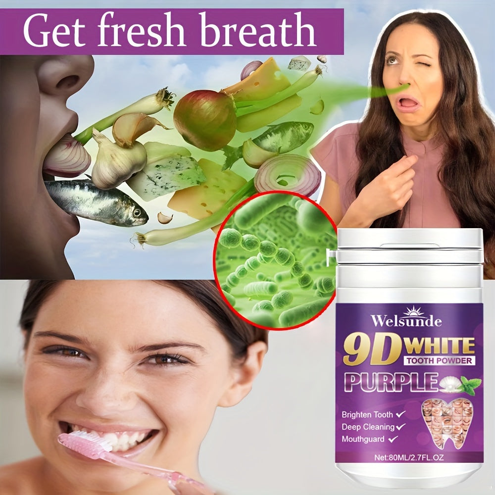 Purple tooth powder for men and women, offers fresh breath and travel convenience.