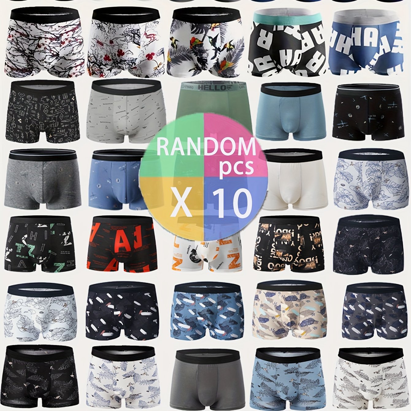 10-piece set of men's flat angle underwear with random prints, designed for comfort and breathability.