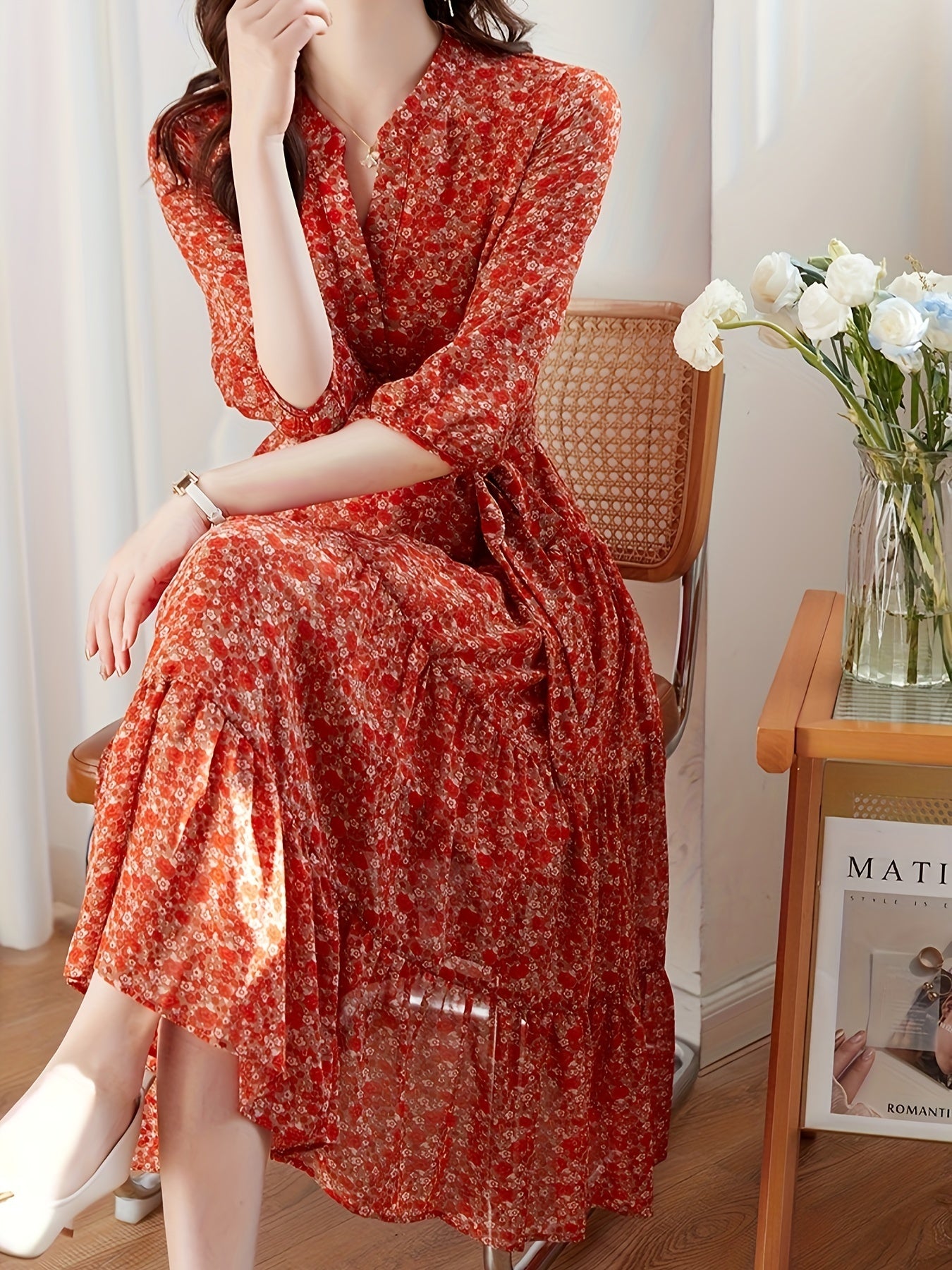 Elegant red floral chiffon maxi dress for women with a flattering slimming effect, complete with a belt.