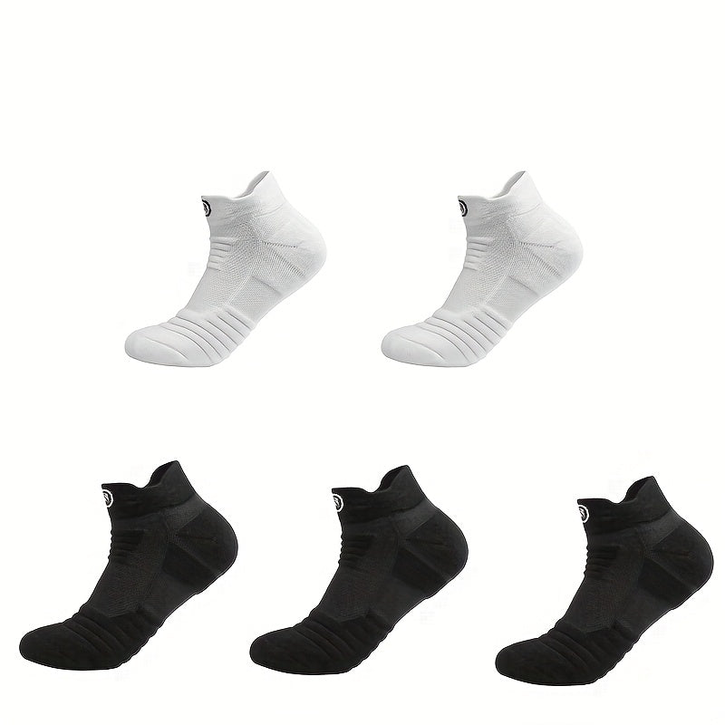 5 pairs of high-performance athletic compression socks for men in gray, black, and white. Made with breathable polyester and sweat-wicking material with a towel bottom, featuring a