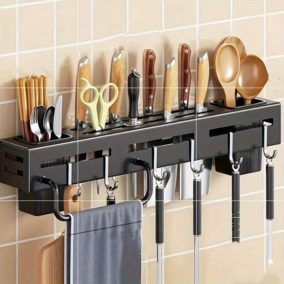 One piece of high-quality carbon steel knife rack designed for modern home kitchen storage. This rack is no-drill wall-mounted and features a multi-functional design with hooks, a towel rod, and a draining utensil caddy.