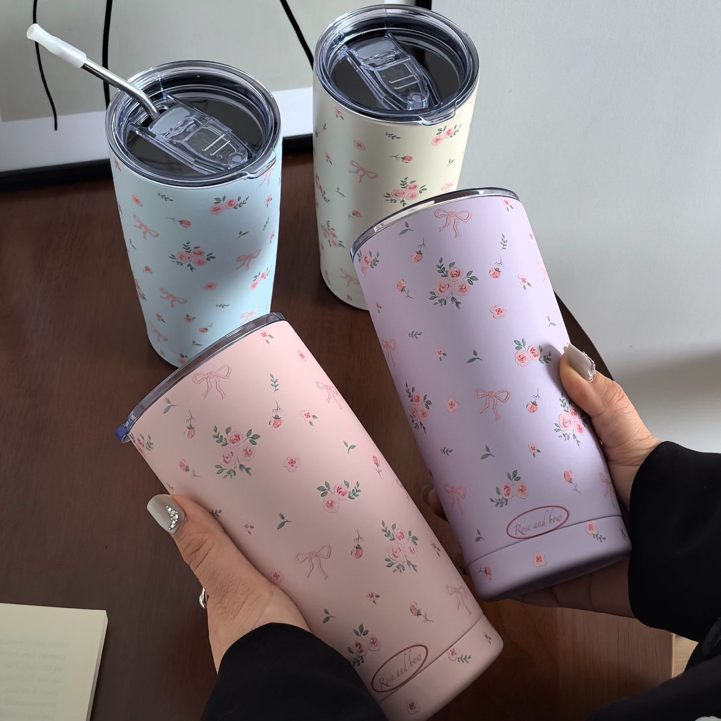 Stainless Steel Insulated Mug with Rose Floral Butterfly Knot Design, Double-Wall Travel Tumbler for Hot and Cold Beverages, Perfect for Fitness & Outdoor Sports. Great for Coffee on the go, Ideal for Graduation, Birthday & Holiday Gifts. Reusable and