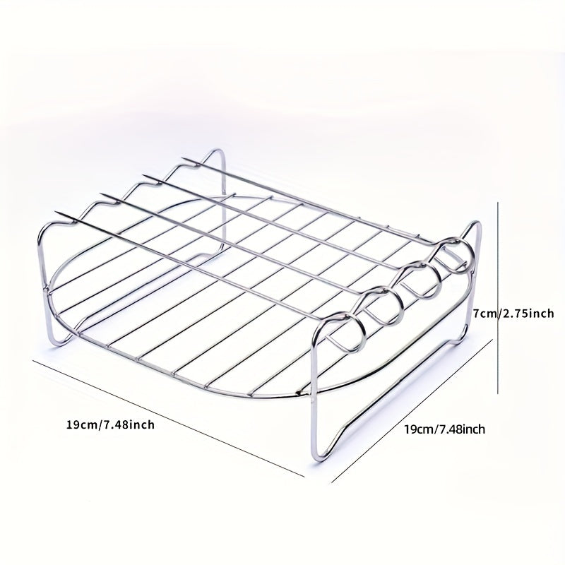 Air Fryer Rack Set: Includes 1 piece of Nonstick Stainless Steel Dehydrator Rack with 4 Skewers, measuring 19.0cm X 19.0cm X 6.99cm. This Square Air Fryer Baking Rack is a must-have for your kitchen, serving as both a baking tool and a kitchen gadget.