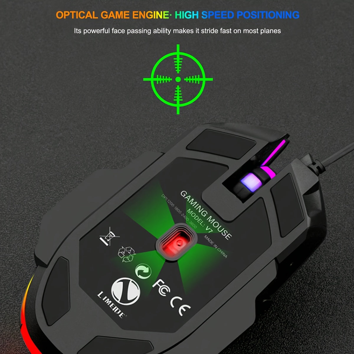 V7 Mechanical Gaming Luminous Wired Mouse for Laptop or Desktop Computer, ideal for E-Sports gaming and office use.