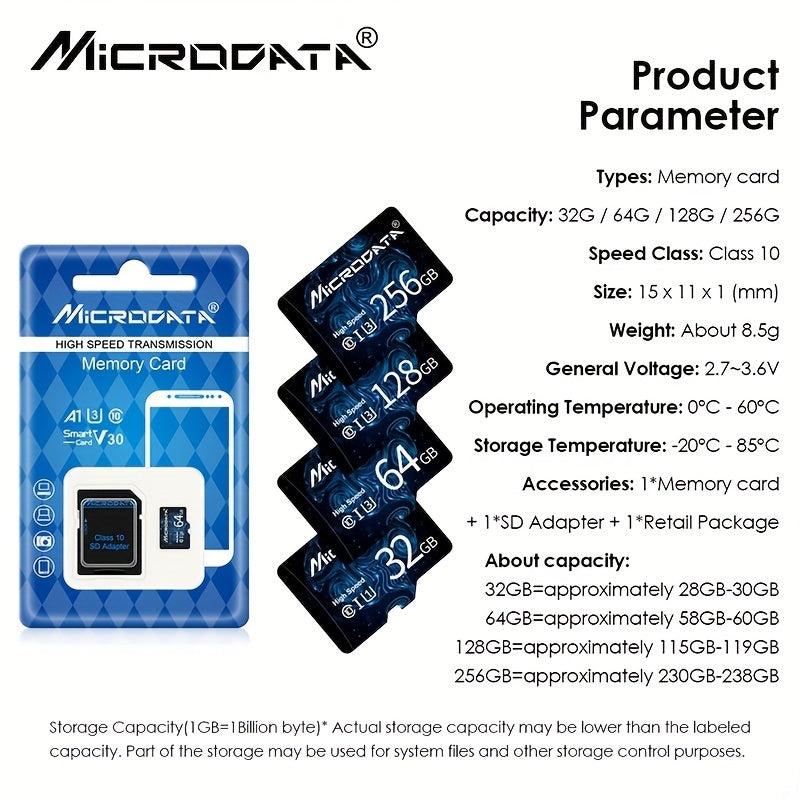 New micro TF SD cards with 32GB SDHC Class 10 for fast storage, also in 64GB, 128GB, and 256GB U3 SDXC mini flash drives for smartphones with an SD adapter.