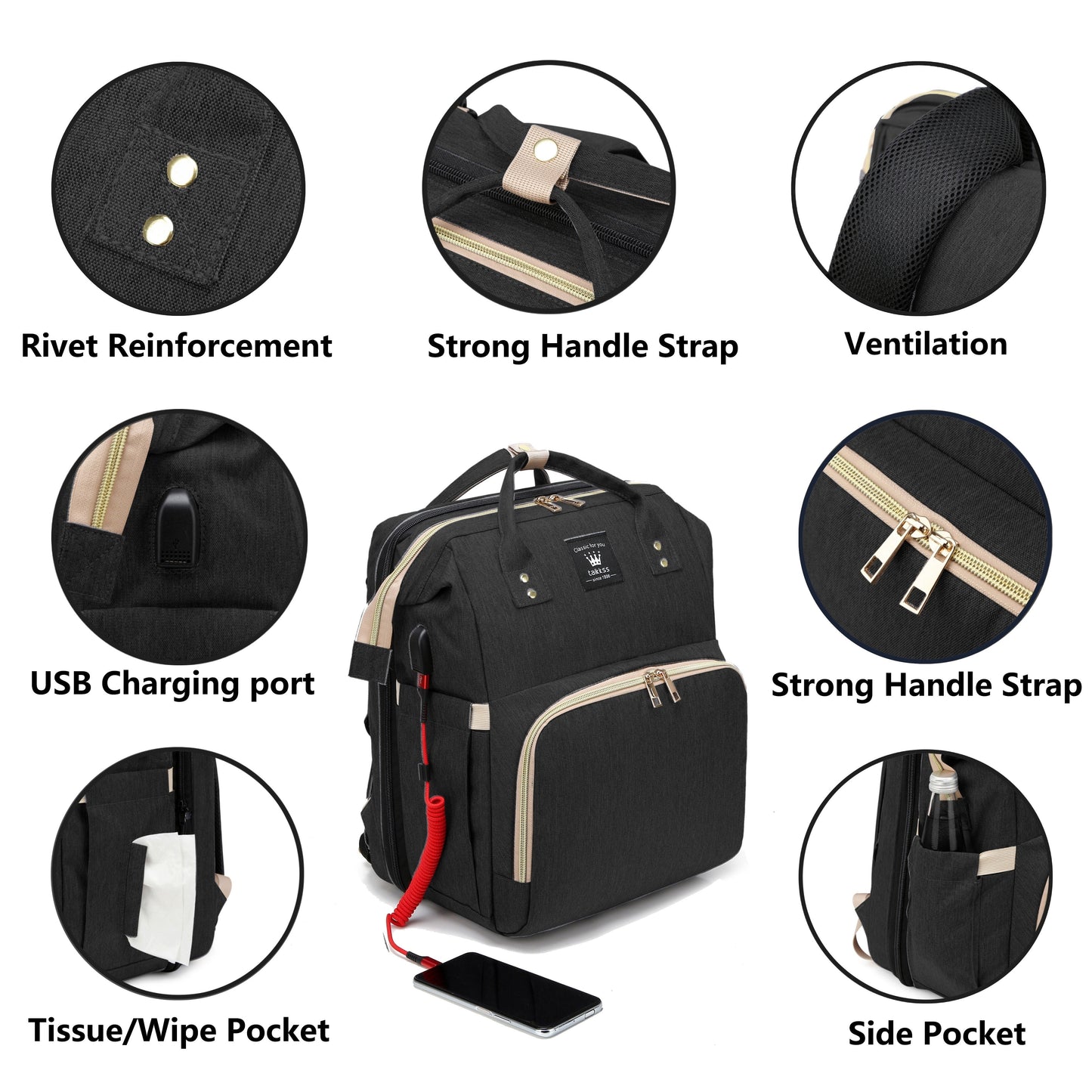 Lamroro Diaper Bag Backpack with USB Charging Port, Spacious Waterproof Design, Breathable Mosquito Net Sunshade, and Large Capacity