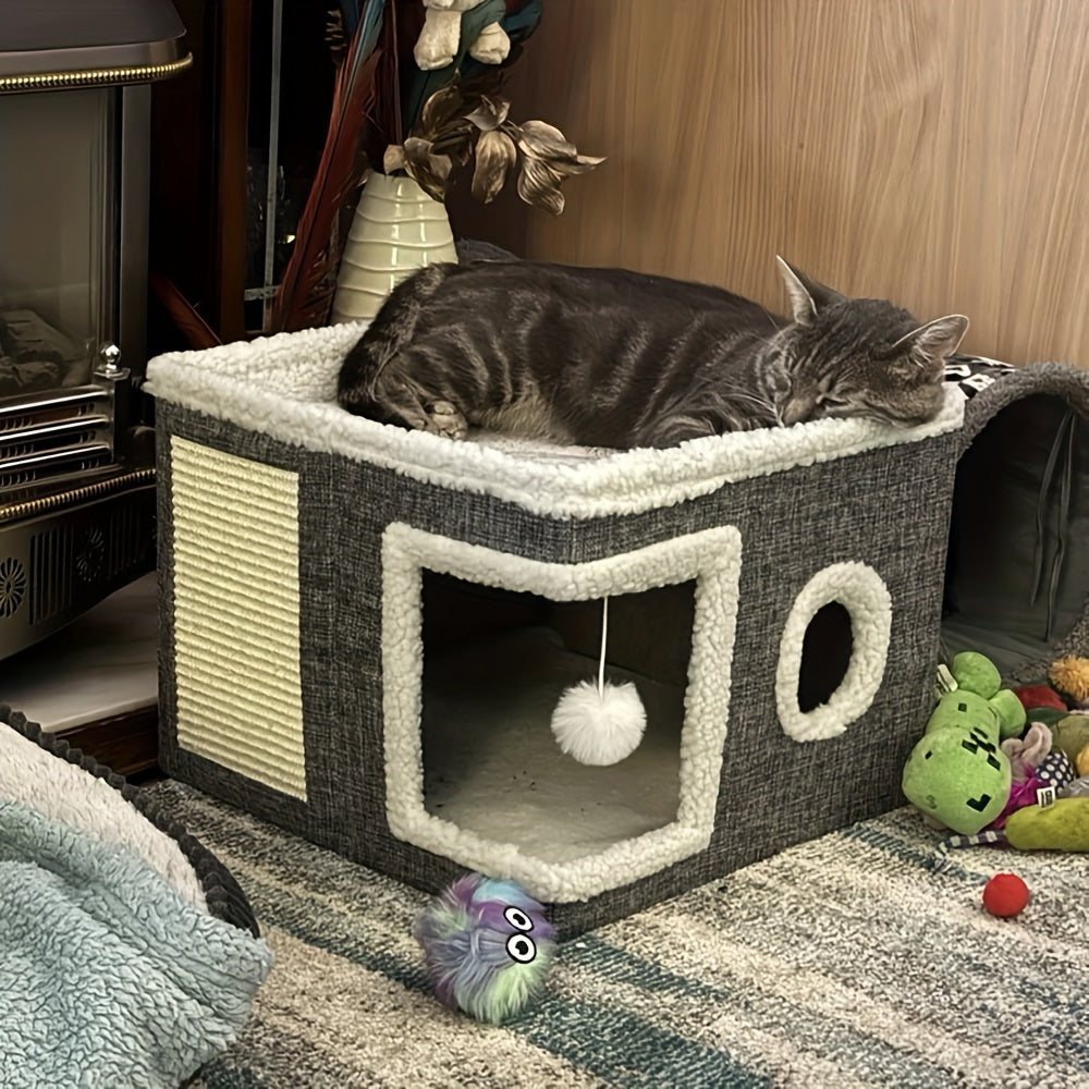 High-end double-layered cat nest with sisal scratching post, foldable and enclosed design, large space for cats - comfortable in all seasons.