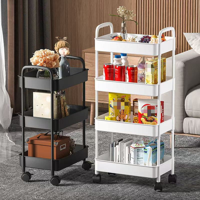 Durable plastic storage cart with multiple tiers for organizing kitchen, bathroom, and bedroom. Easy to assemble with baskets, bins, and containers for home organization.